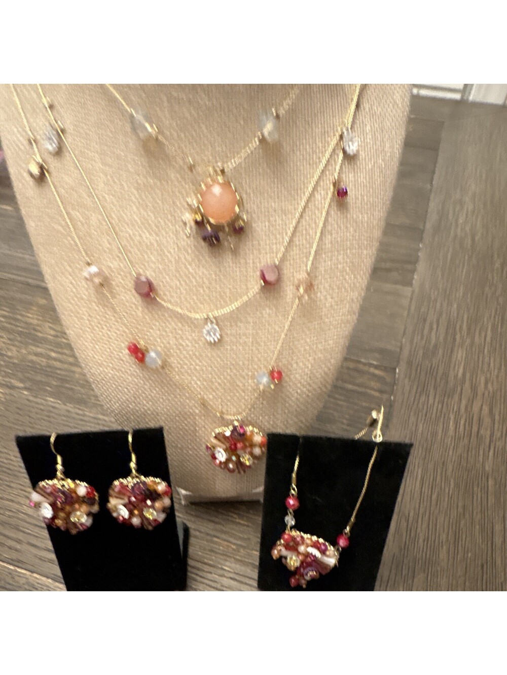 gold Red Crystal Glass triple Necklace, Earrings & Bracelet